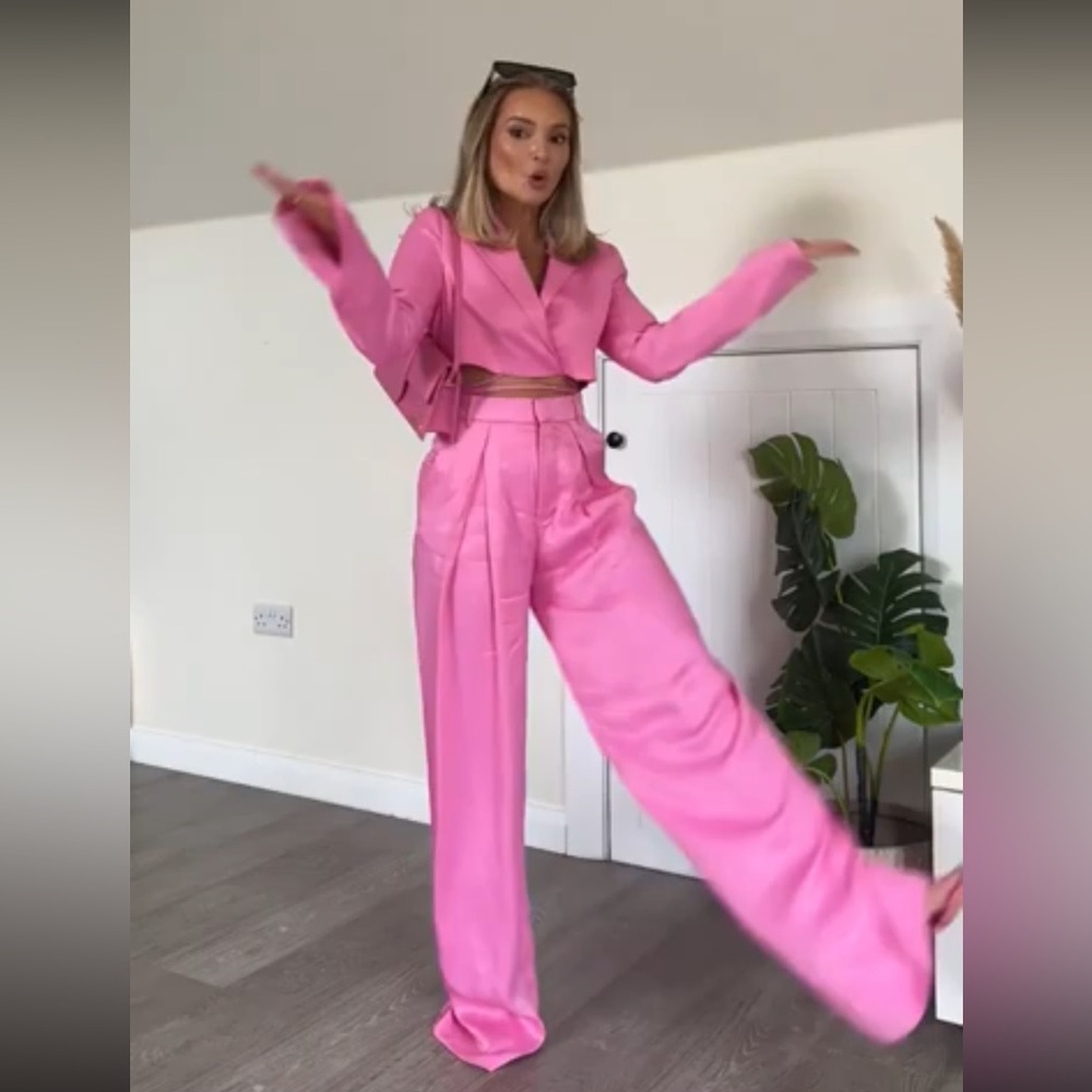 Zara Set - Pink Cropped Satin Effect Blazer & Full Length Pants - Picture 7 of 17